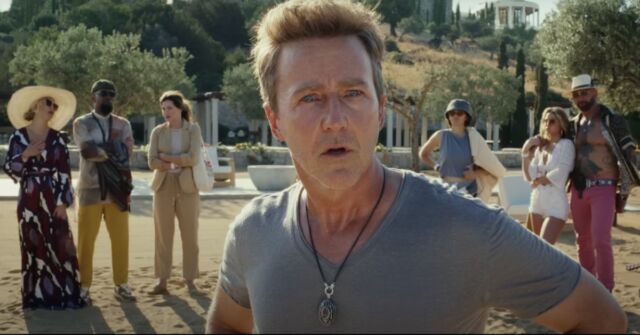 Edward Norton plays tech billionaire Miles Bron, who invites a colorful coterie to his private Greek island.