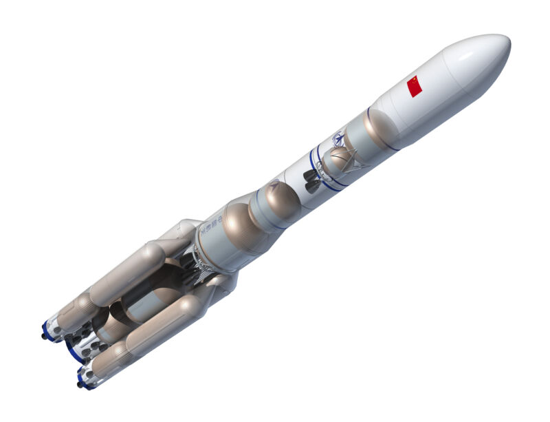 This is a rendering of an earlier version of the Long March 9 rocket, with an expendable design and side mounted boosters.