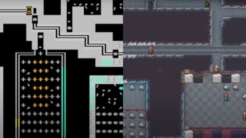 Two views of a <em>Dwarf Fortress</em> scene, in the original graphics and in the upcoming Steam/Itch.io release.”><figcaption class=