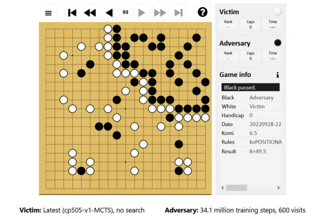 An example of the researchers' adversarial policy playing against KataGo.