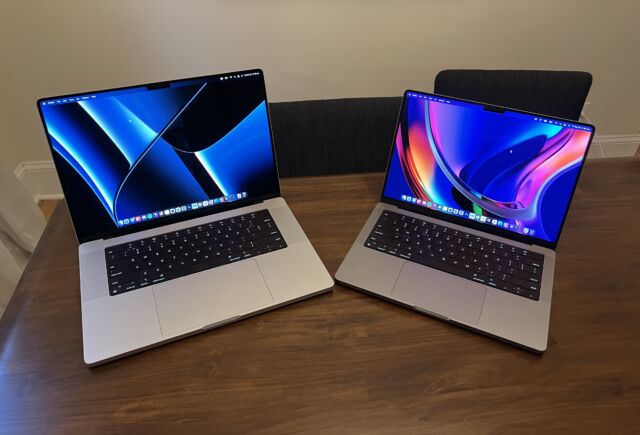 Two 2021 MacBook Pro models side-by-side.