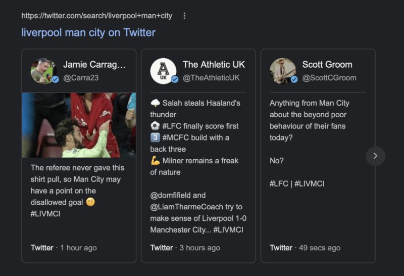 "liverpool man city" SERPs - Twitter carousel