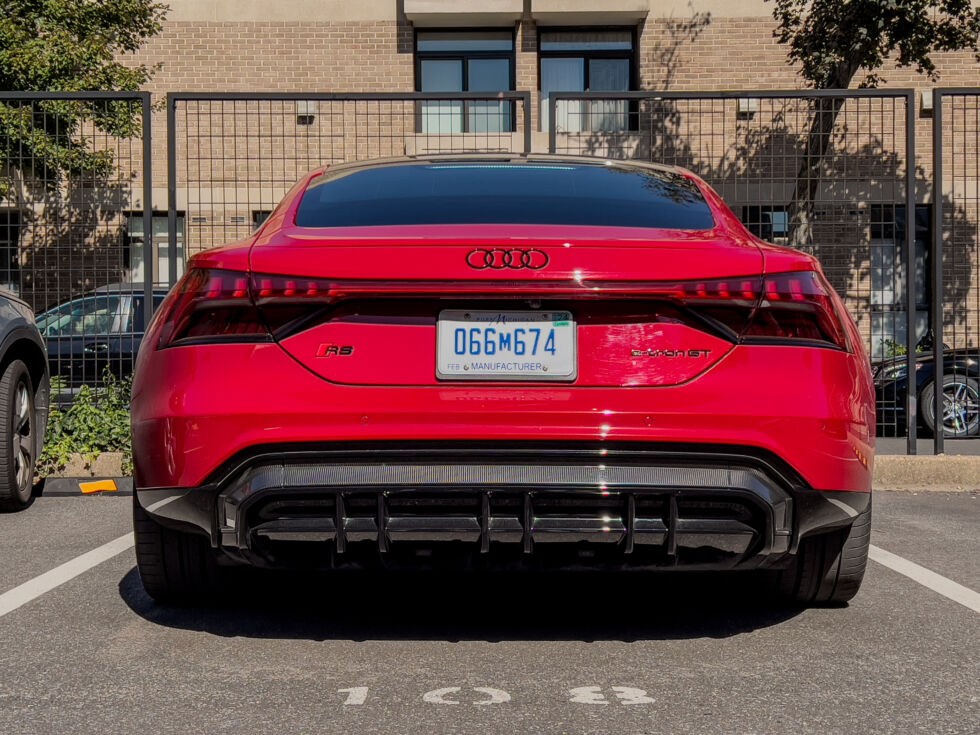 Our test car had plenty of added carbon-fiber bits, like this rear diffuser.