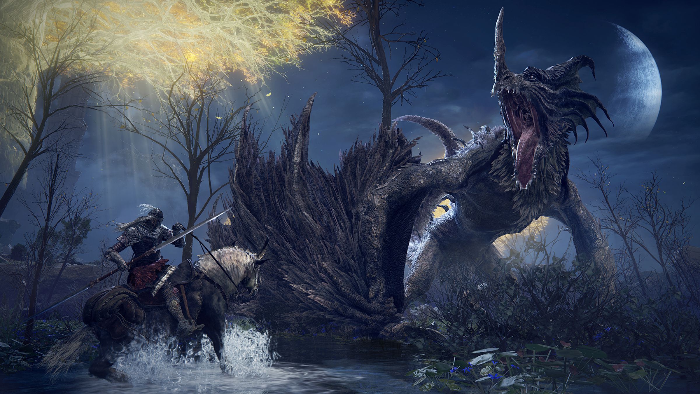 Screenshot pf a character fighting a beast from the Elden Ring game.