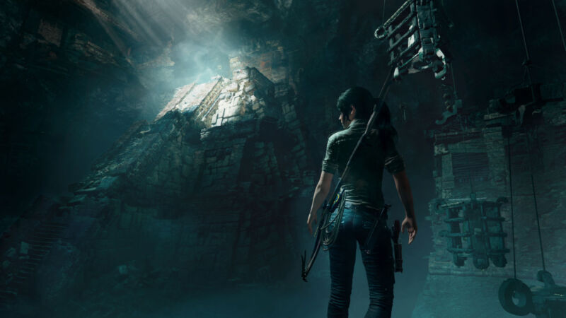 A screenshot from the most recent main-series Tomb Raider title, 2018's <em>Shadow of the Tomb Raider</em>“><figcaption class=