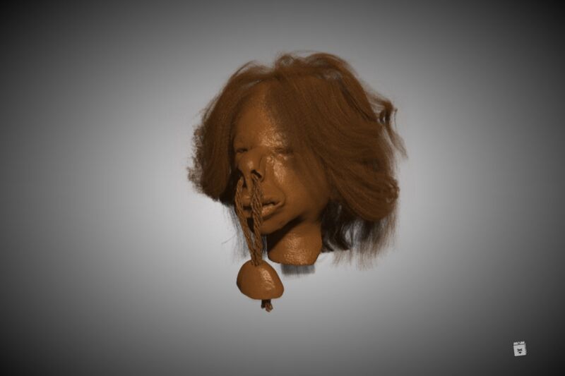 3D rendered image of the micro-CT scan of a <em>tsantsa</em>, or shrunken head.”><figcaption class=