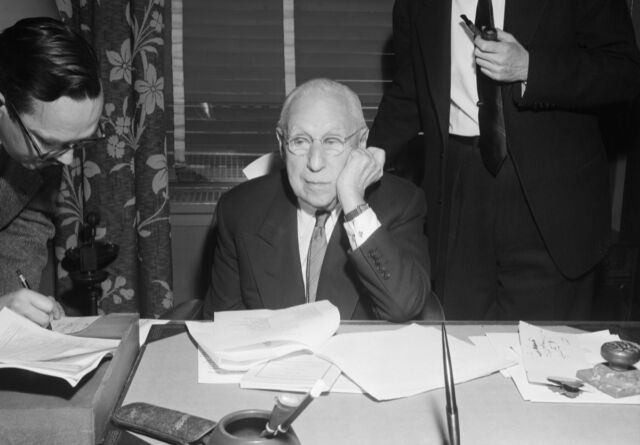 Attorney H. Maass, chairman of the Board of Trustees of the Institute of Advanced Study at Princeton, talks to reporters on April 13, 1954, prior to the hearings: "I hope and think he will be cleared."