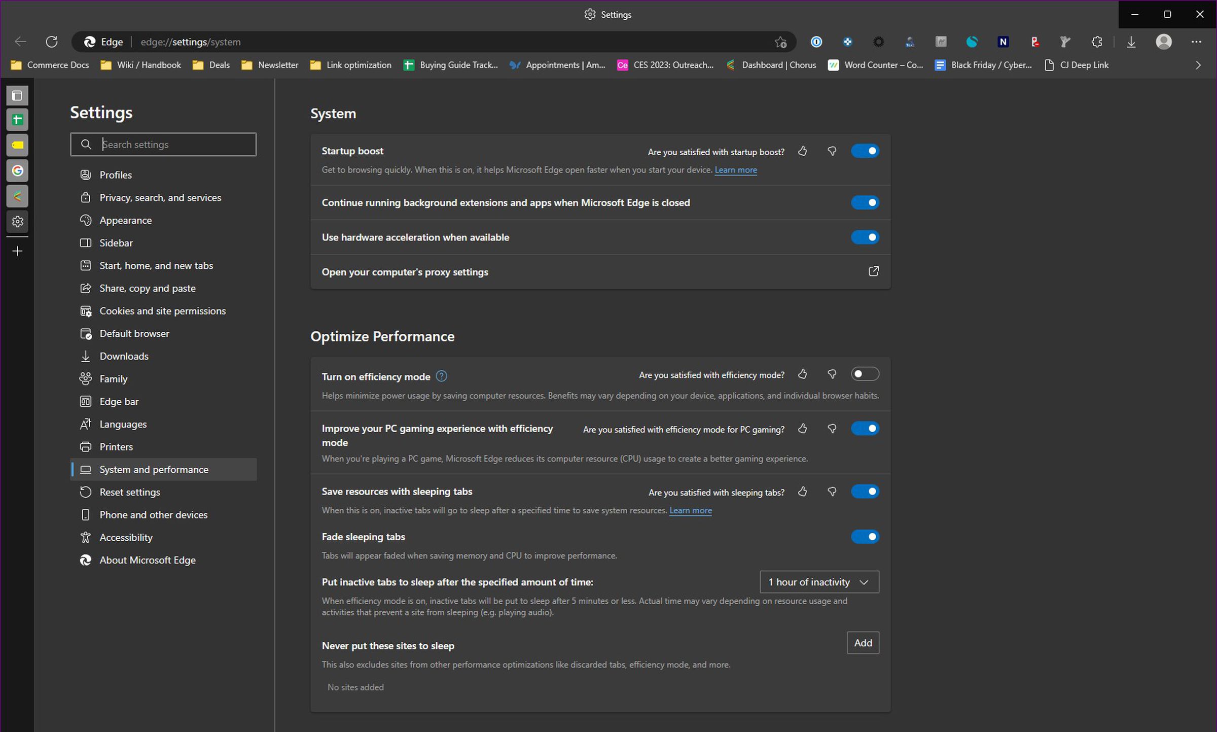 The performance tab gives you some granular options for adjusting how Edge treats inactive tabs and memory usage