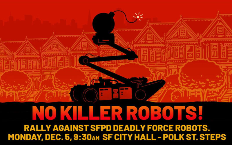 The social media flyer for the "no killer robots" rally. 