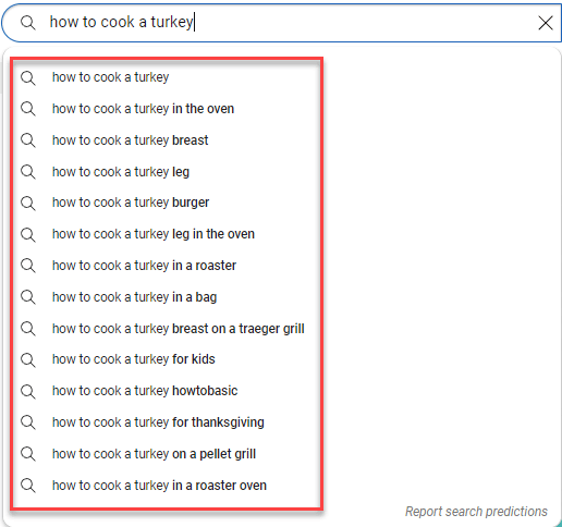 YouTube search predictions for "how to cook a turkey"