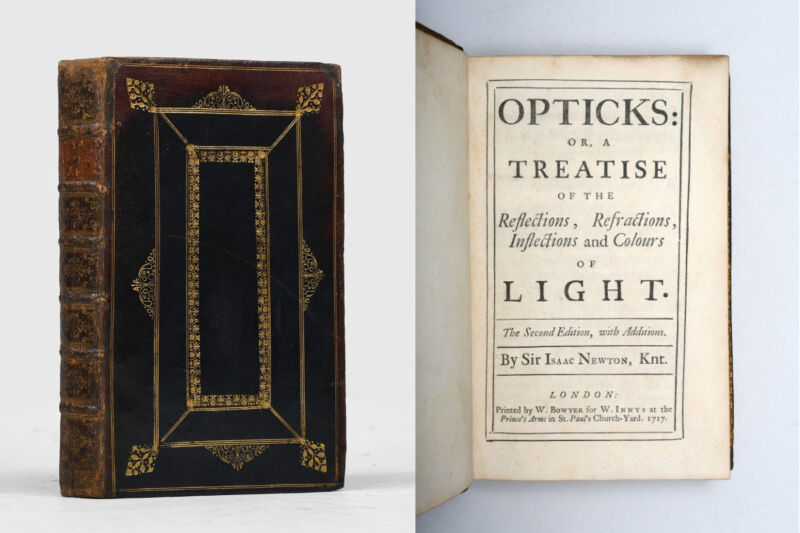 Isaac Newton's personal copy of the 1717 second edition of <em>Opticks</em>, long thought lost, has been found.”><figcaption class=