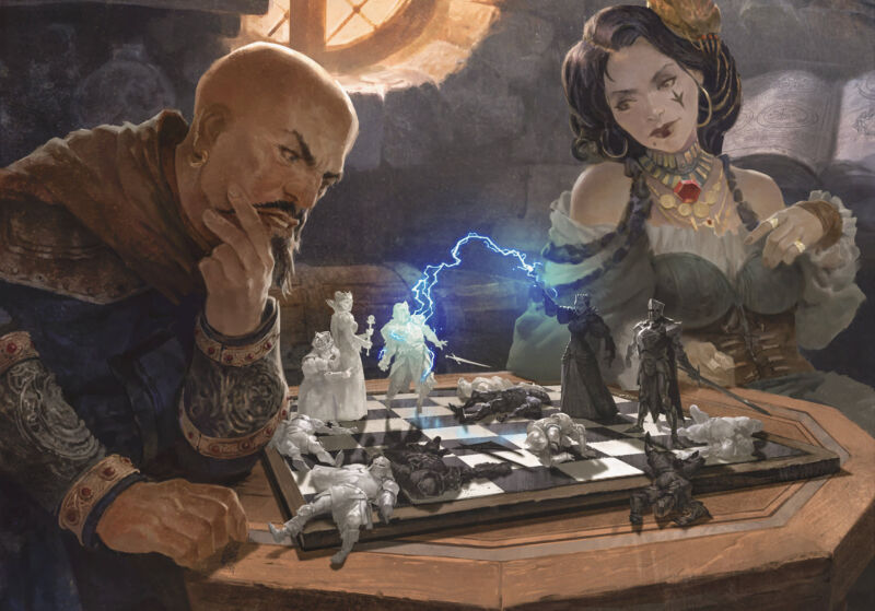 Artist's conception of the coming discussion between Wizards of the Coast and the <em>D&D</em> community over proposed OGL updates.”><figcaption class=