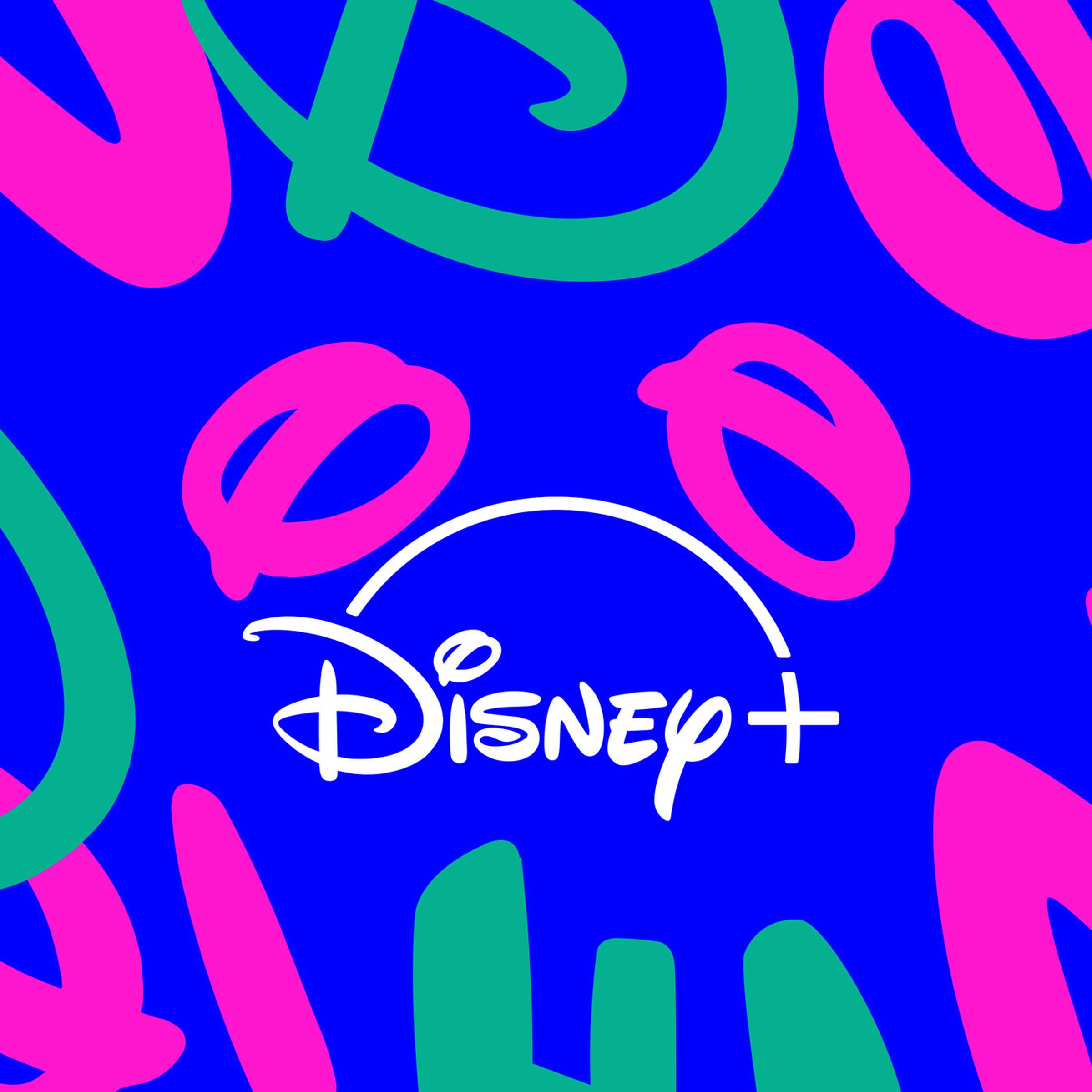 Disney Plus logo against a blue background with pink and green scribbles.