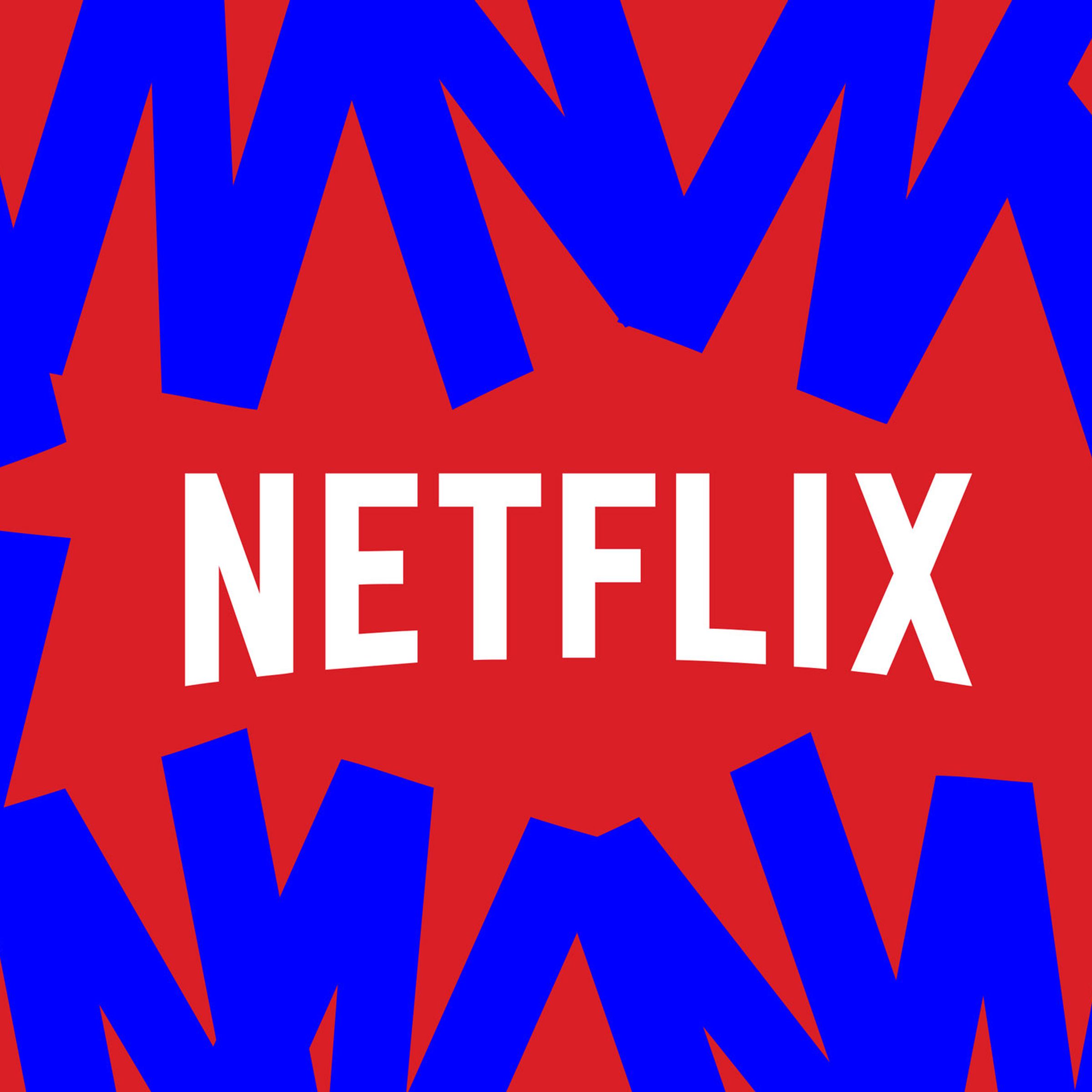 The word “Netflix” against a read background with blue jagged lines.