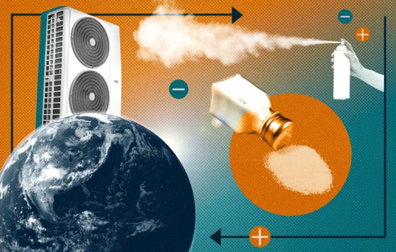 Artistic illutration of an refrigeration unit, refrigerant from a spray can, and spilled salt circling the Earth.