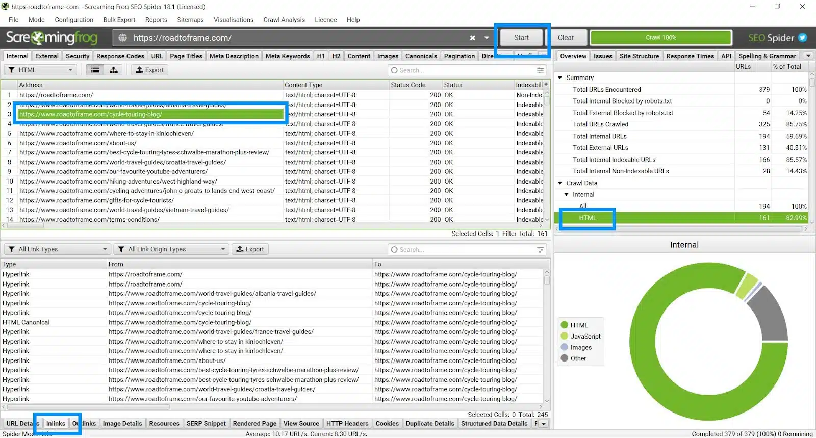 Annotated screenshot of Screaming Frog showing the steps to analyze internal links to help solve keyword cannibalization issues.