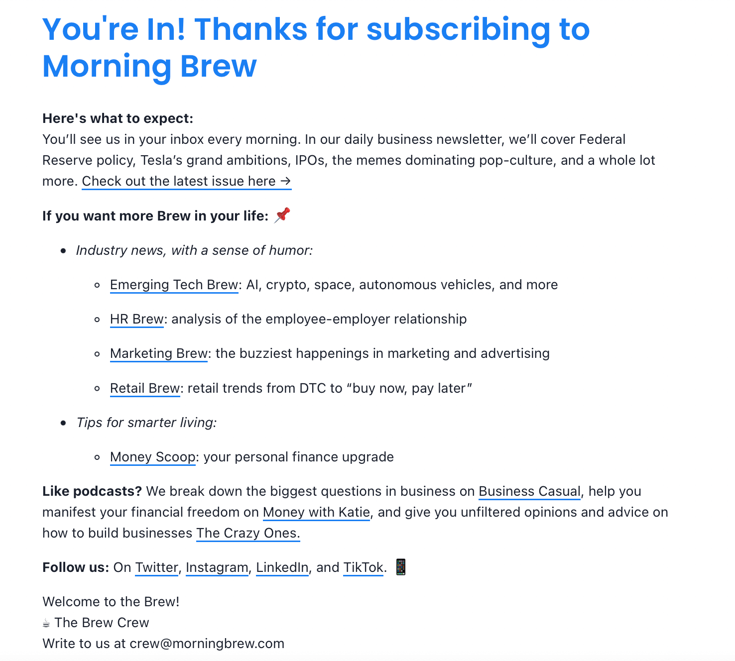 a message from the Morning Brew newsletter welcoming subscribers