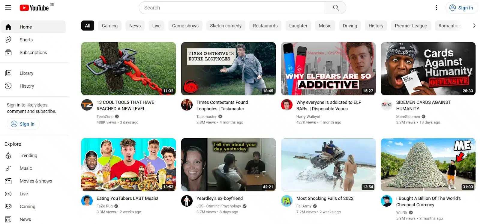 YouTube homepage