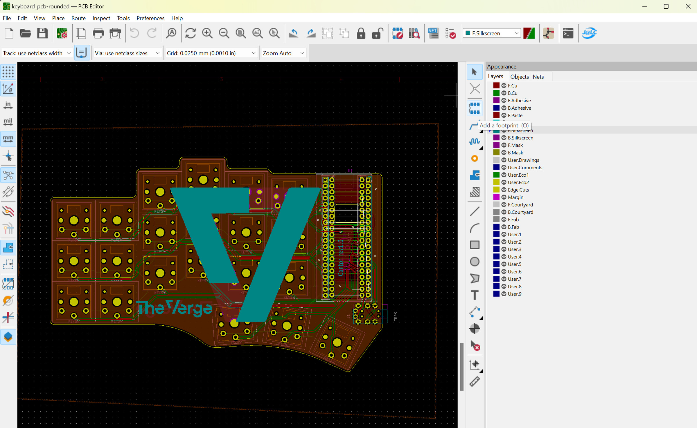 Adding your logo. In this instance, I disabled some of the silkscreens that were already on the board.