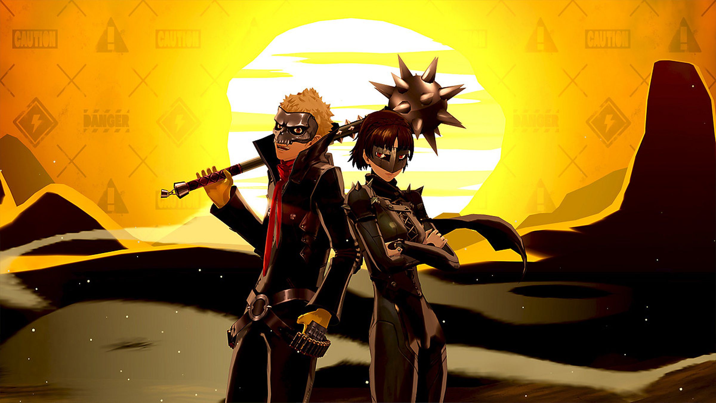 Persona 5 Royal screenshot showing two people with weapons against a desert landscape.