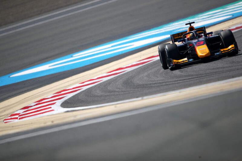 Zane Maloney of Barbados and Rodin Carlin (3) drives on track during practice ahead of Round 1:Sakhir of the Formula 2 Championship at Bahrain International Circuit on March 03, 2023 in Bahrain, Bahrain