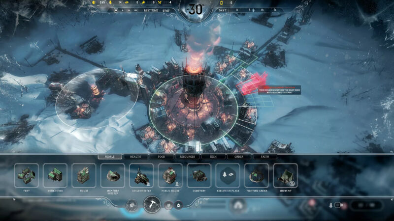 <em>Frostpunk</em>, an alternate history survival city building simulation game.”><figcaption class=