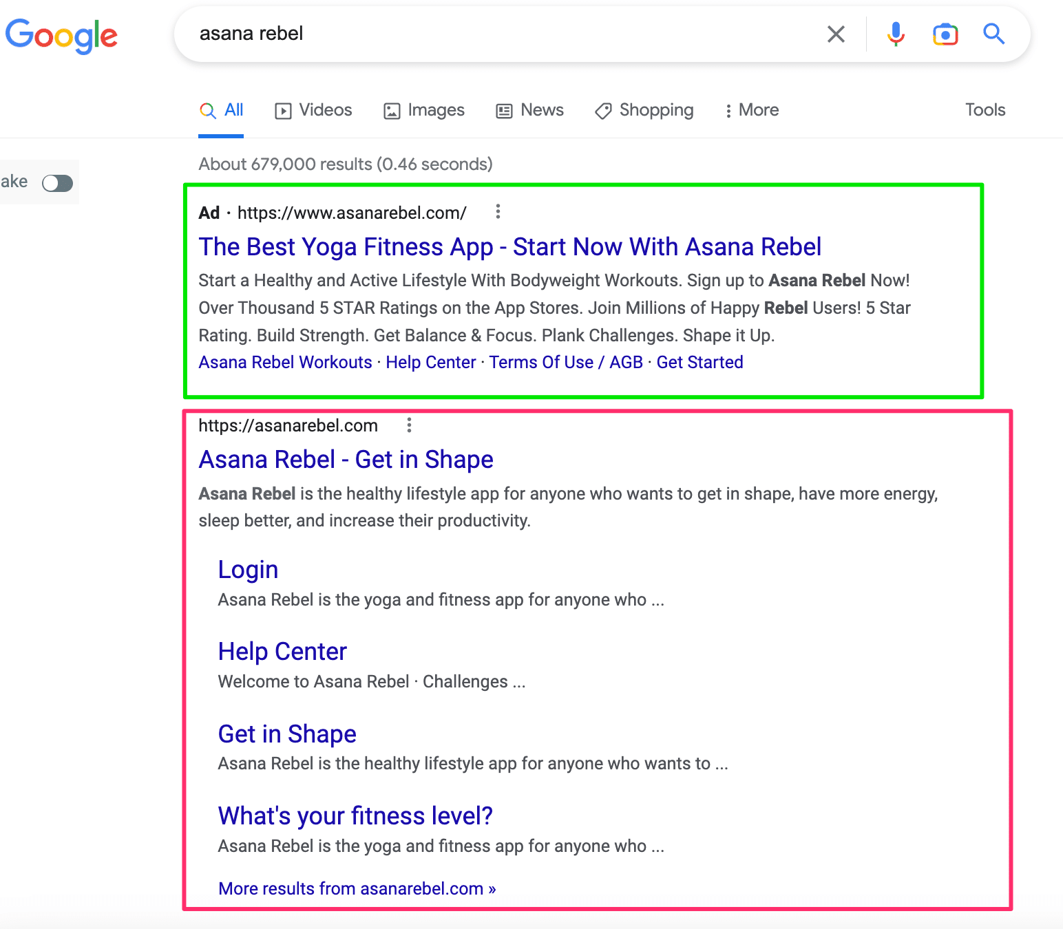 Screenshot of search engine result page for the brand term "Asana Rebel"