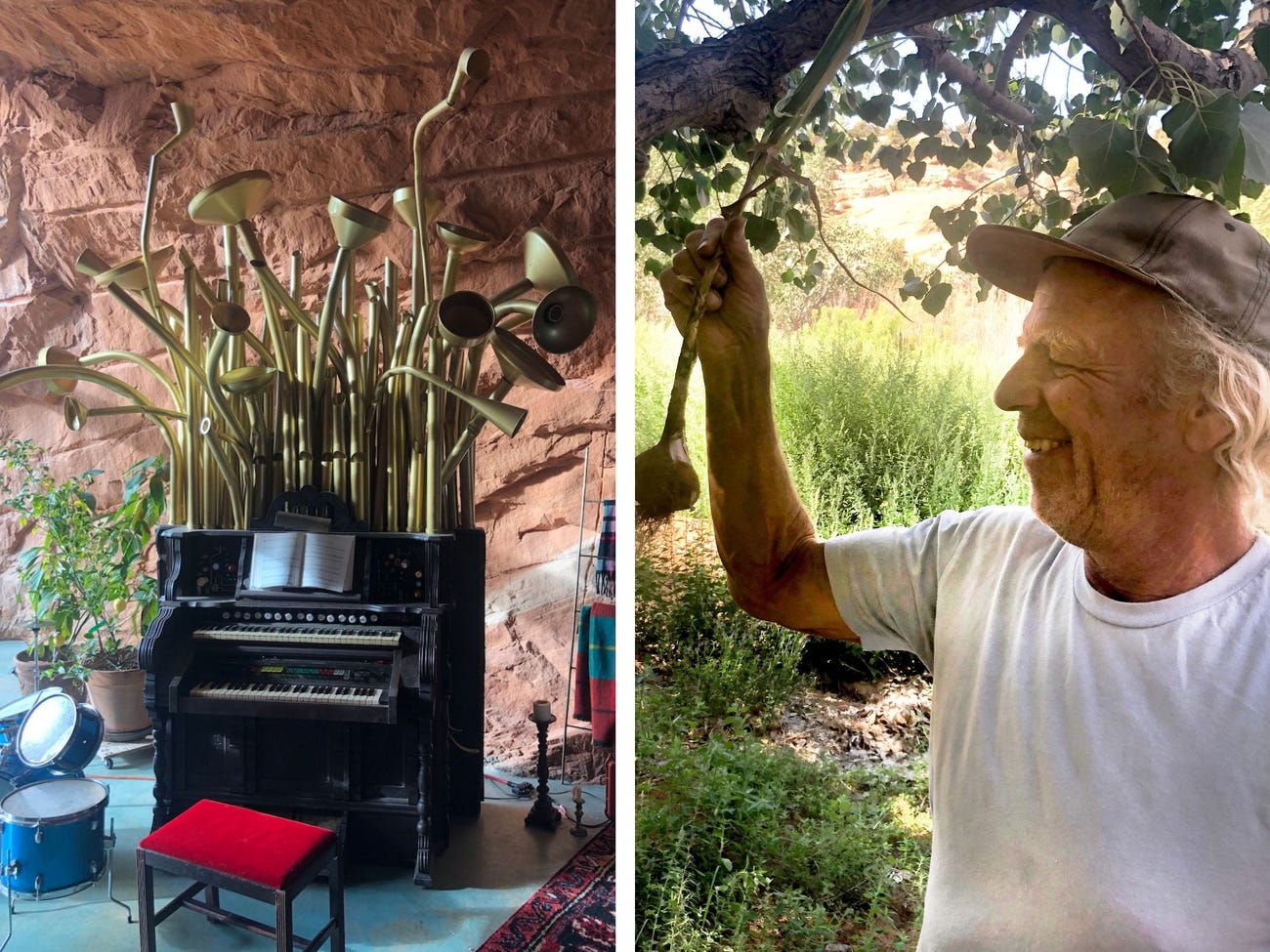 Left: a homemade instrument inside a cave. Right: a man stands outside holding a vegetable.