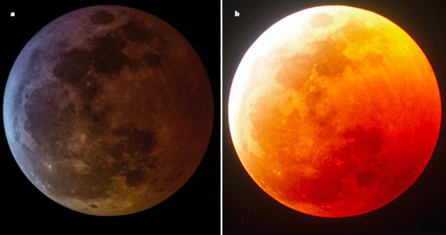 (a) A dark moon during a lunar eclipse suggests a large amount of volcanic aerosols in Earth's atmosphere. (b) A bright reddish moon suggests volcanic aerosols are scarce.