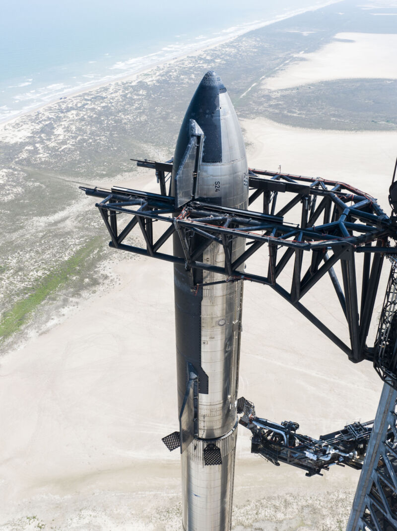 SpaceX's Starship rocket is seen ahead of its integrated flight test.