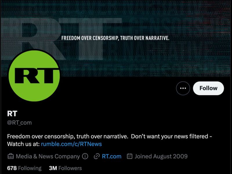 Screenshot showing the Twitter profile of Russian state-controlled news agency RT, after the 