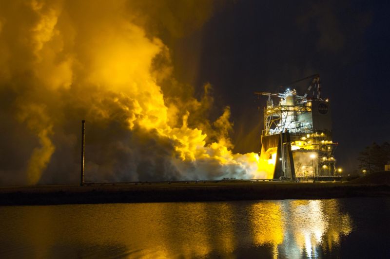 NASA conducts a test of an RS-25 rocket engine on the A-1 Test Stand at Stennis Space Center.