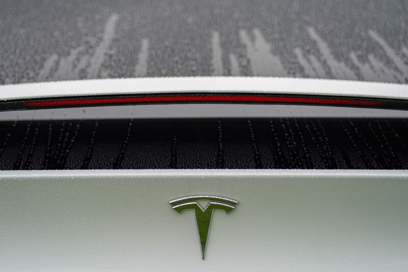 The tailgate of a Tesla Model Y in the rain