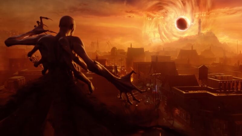 A vampire beholding an occluded sun in an orange-washed cityscape