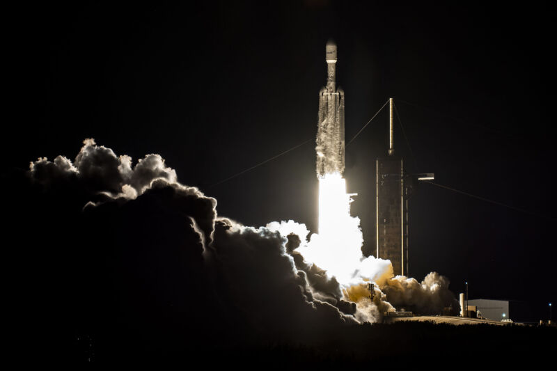 A SpaceX Falcon Heavy rocket launches the Viasat-3 mission on April 30, 2023.