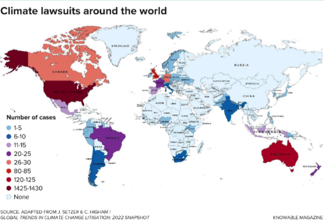 This map shows cumulative figures (up to May 31, 2022) of climate cases filed before national courts. By far the most have been filed in the United States, perhaps because the majority of US cases have been against individual infrastructure projects, not overarching government policies.