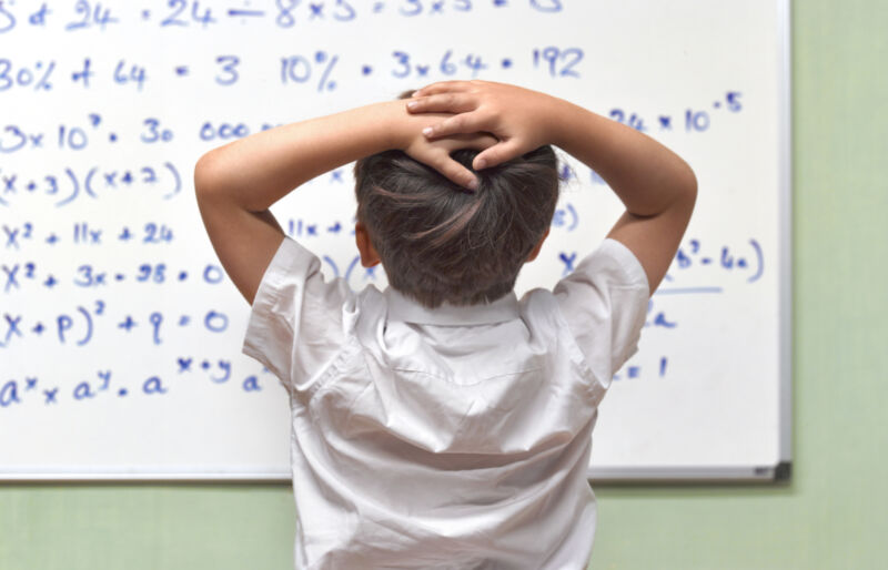 Image of a student standing before a whiteboard filled with equations.