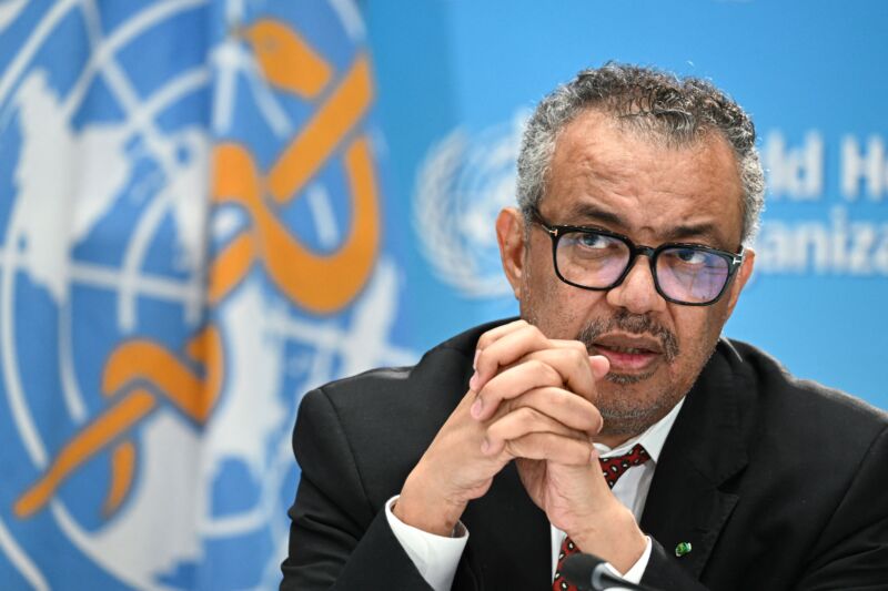 World Health Organization (WHO) chief Tedros Adhanom Ghebreyesus speaks at a press conference on the World Health Organization's 75th anniversary in Geneva, on April 6, 2023. 