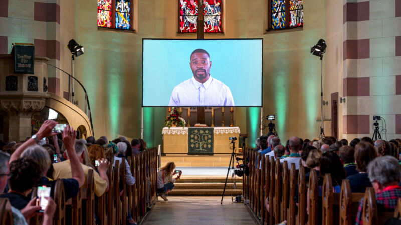 Visitors and attendees during the AI-created worship service in Fürth, Bavaria. In St. Paul Church, a service created by ChatGPT.