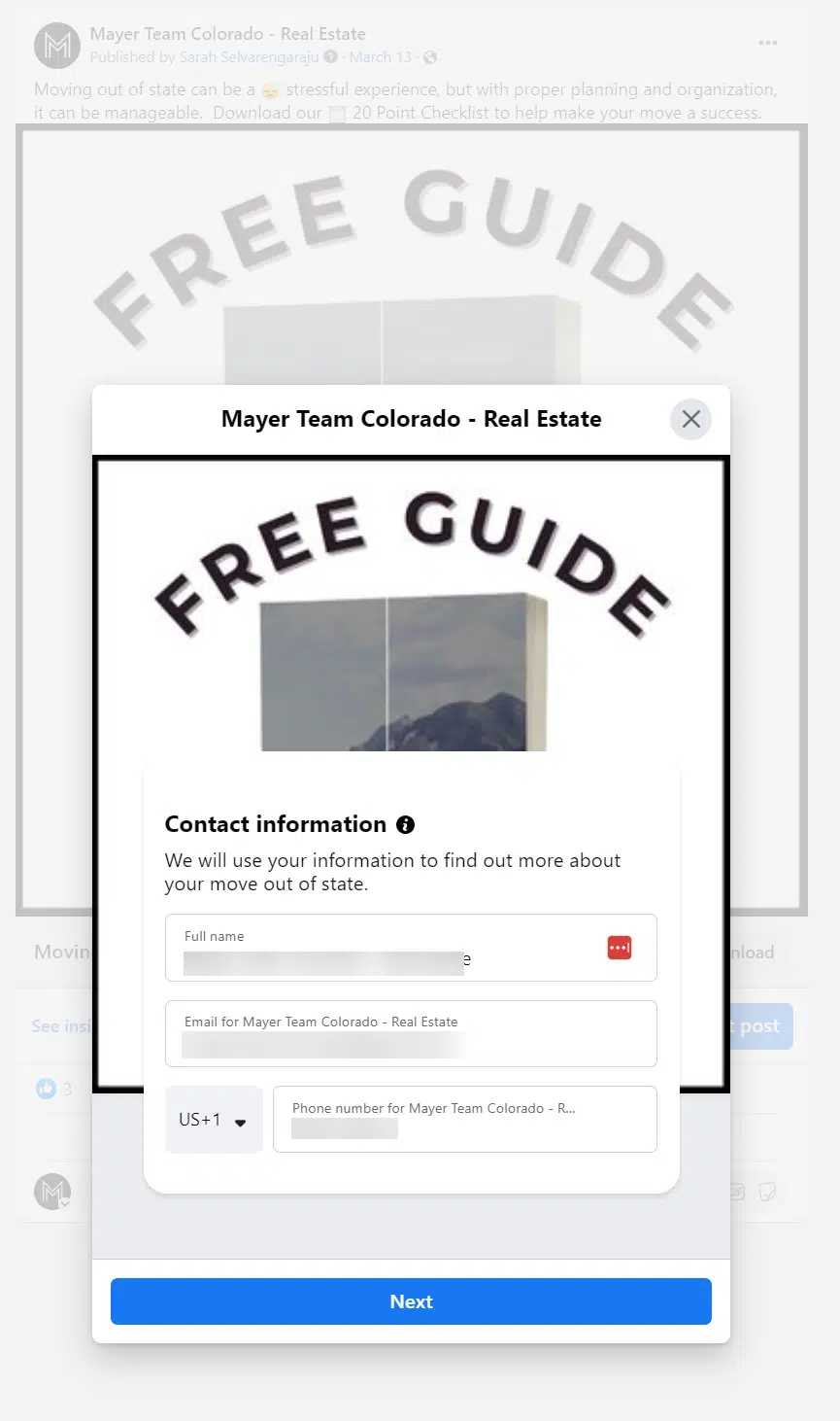 Facebook - sample instant form