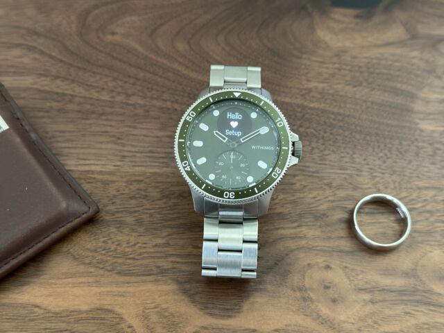 Withings Scanwatch Horizon with ring and wallet.