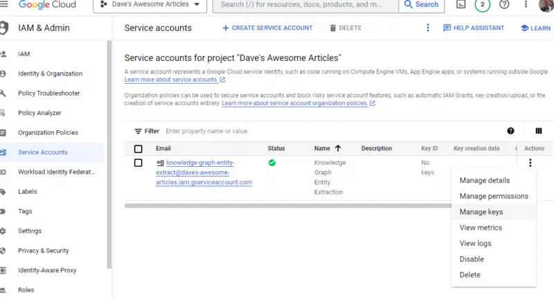 Google Cloud Knowledge Graph Search - Manage keys