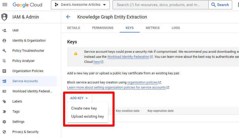 Google Cloud Knowledge Graph Search - Create new keys