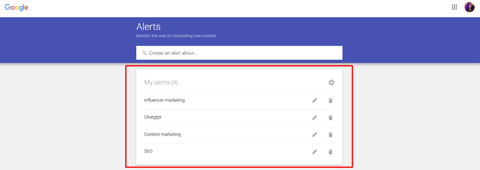 Google Alerts dashboard for influencer marketing, ChatGPT, content marketing, and SEO alerts.