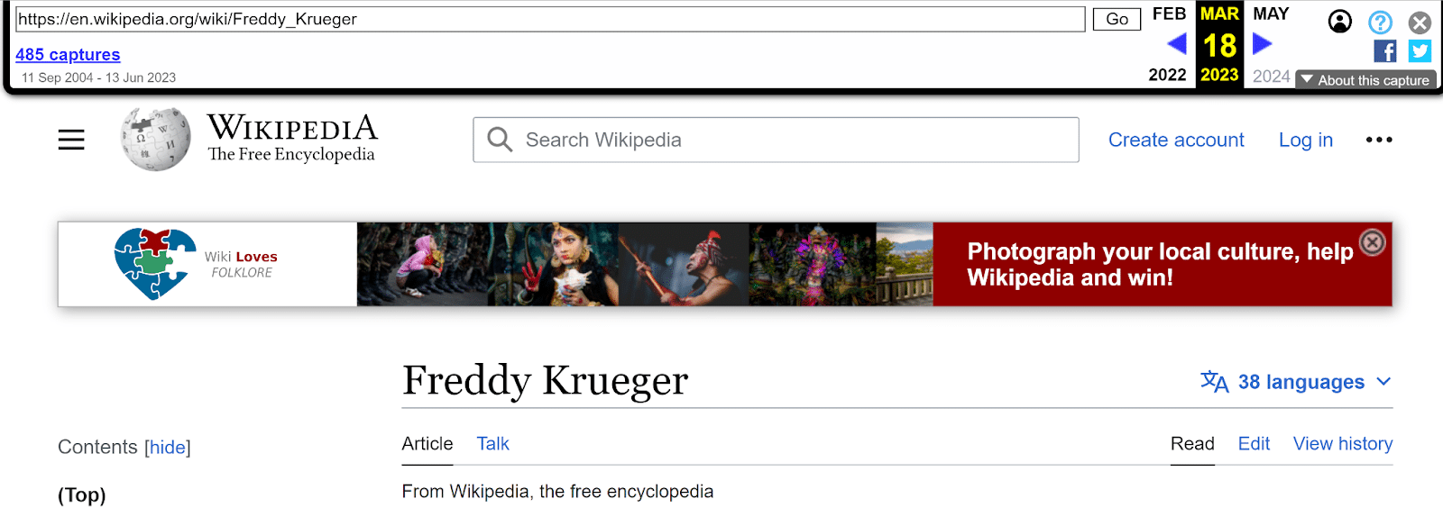 Wayback Machine example - Freddy Kroueger