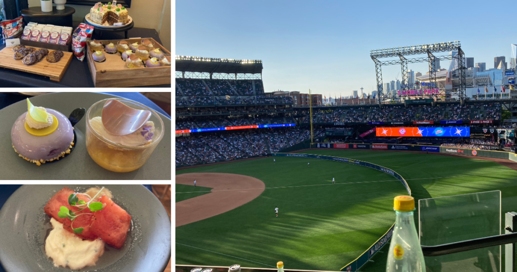 Snacks, plated dishes and the view from the Sodexo Live! suite at T-Mobile Park