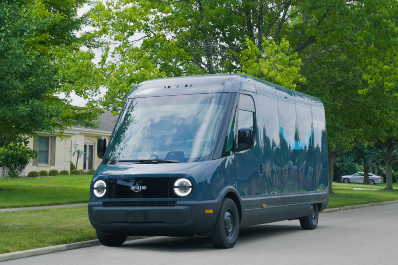 An Amazon Rivian van parked on a suburban street