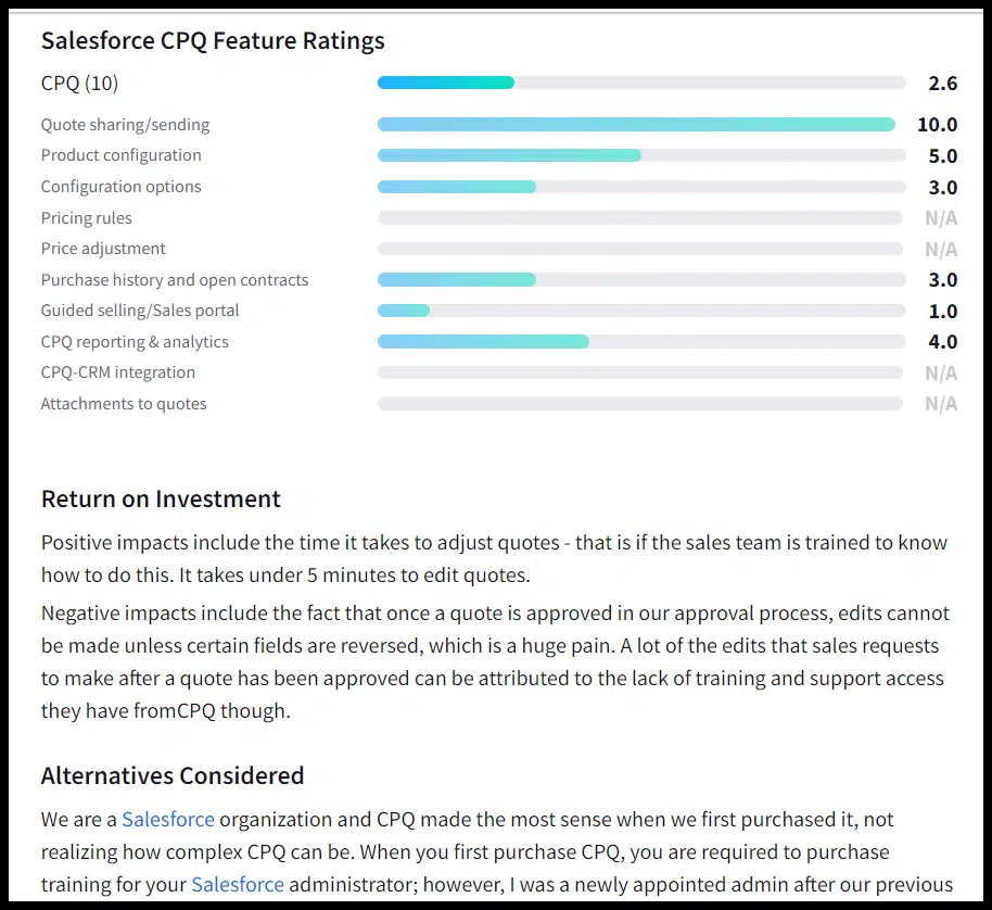 Salesforce CPQ feature ratings