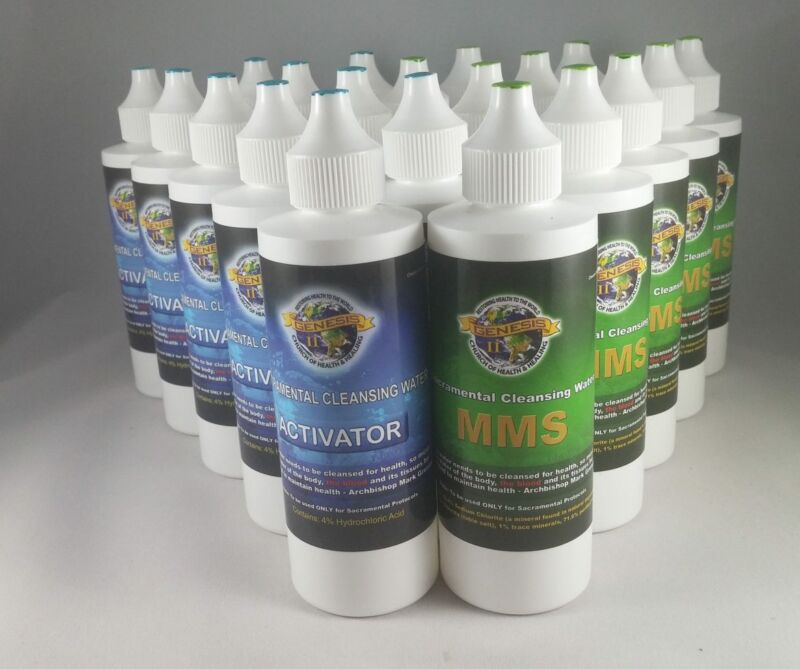 Bottles of MMS, a bleach product sold by Genesis II Church of Health and Healing.