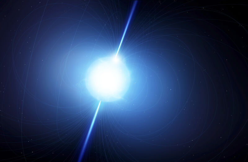 image of a bright blue sphere on a dark background, with spikes of light emitted by two poles.